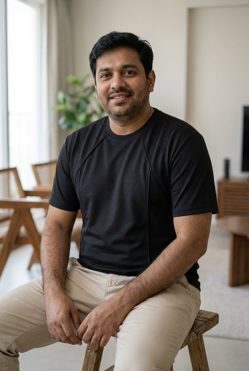 Man wearing structured tee in a relaxed indoor setting showing everyday comfort fit.